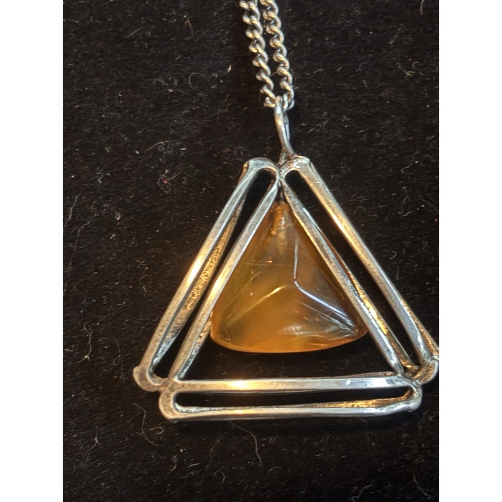 Art Deco Sterling Silver Amber Triangle Pendant Necklace 22"